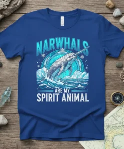 Narwhals Are My Spirit Animal text with a jumping narwhal graphic and icy ocean background on a blue t-shirt