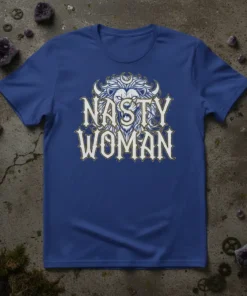 Nasty Woman text in gothic font with a lion's head graphic on a blue t-shirt