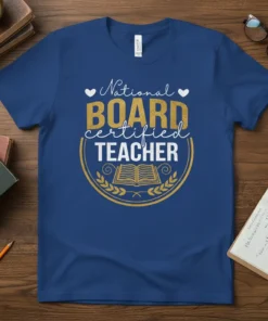 National Board Certified Teacher t-shirt with gold and white text, featuring an open book and laurel wreath graphic
