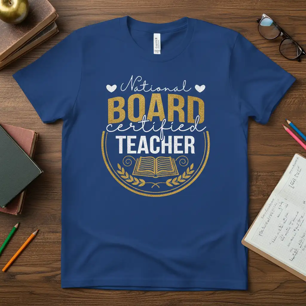 National Board Certified Teacher quote design with gold glitter accents and an open book graphic