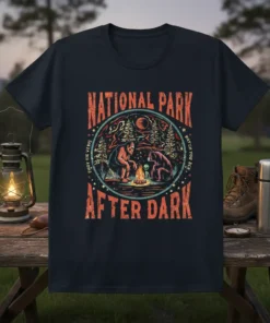 National Park After Dark t-shirt with Bigfoot, alien, and campfire design, featuring vintage distressed text