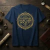 Navy t-shirt with gold NATIONAL SARCASTM SOCIETY LIKE WE NEED YOUR SUPPORT compass design