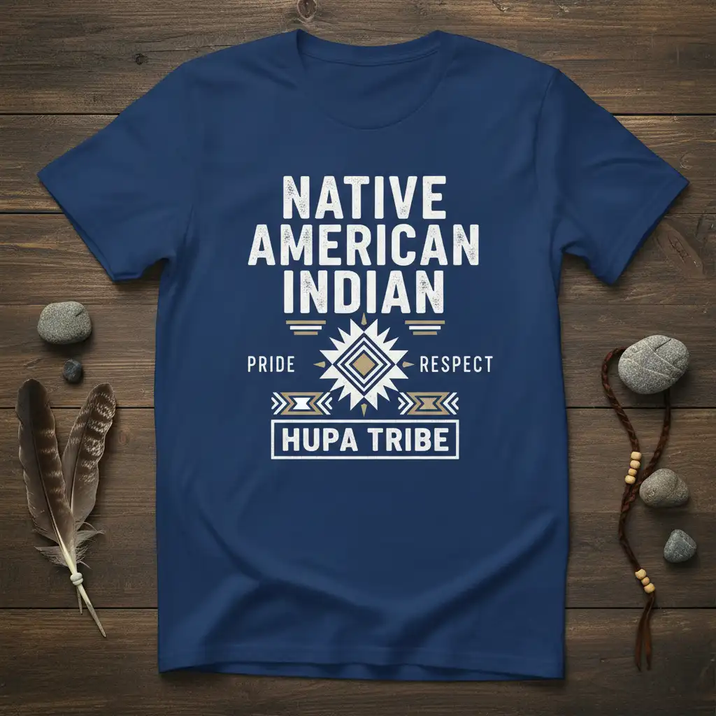 Native American Indian Hupa Tribe Pride Respect t-shirt featuring bold white text and a central tribal geometric emblem