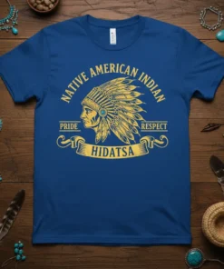 Native American Indian Pride Respect Hidatsa text with a profile of a Native American chief wearing a headdress on a