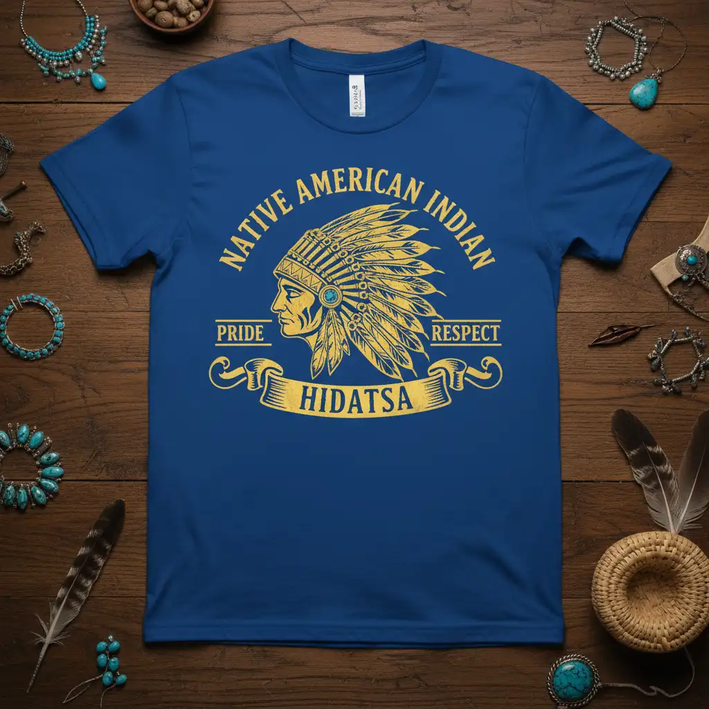 Native American Indian Pride Respect Hidatsa text design with chief profile and headdress on blue shirt
