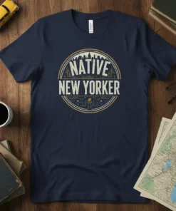 Native New Yorker text with NYC skyline graphic and torch illustration on a navy t-shirt