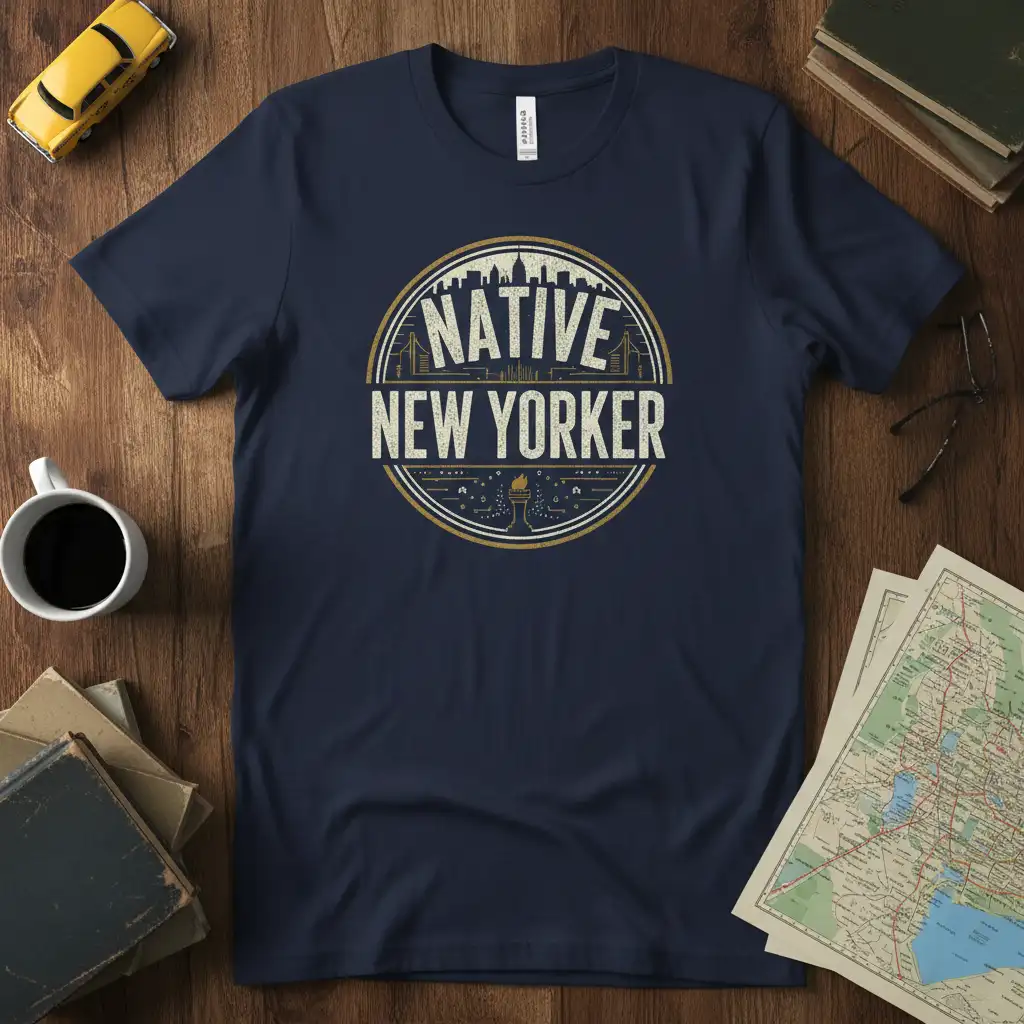 Native New Yorker text and NYC skyline graphic on a comfortable navy blue t-shirt