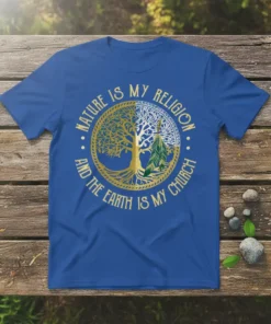 Quote "Nature Is My Religion And The Earth Is My Church" with a golden tree of life graphic on a