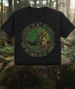 Black t-shirt featuring circular design with text "Nature Is My Religion And The Earth Is My Church" and a split
