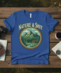 "Nature & Shit" text above a circular graphic of a mountain landscape with a log cabin and river, on a