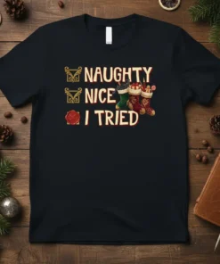 Naughty Nice I TRIED Christmas humor t-shirt with festive stockings and checkmarks