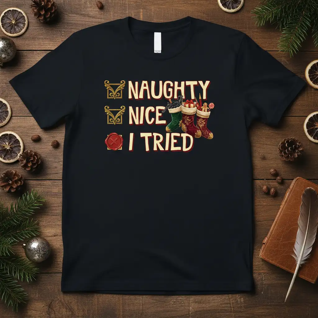 Naughty Nice I TRIED Christmas holiday humor t-shirt with festive stockings