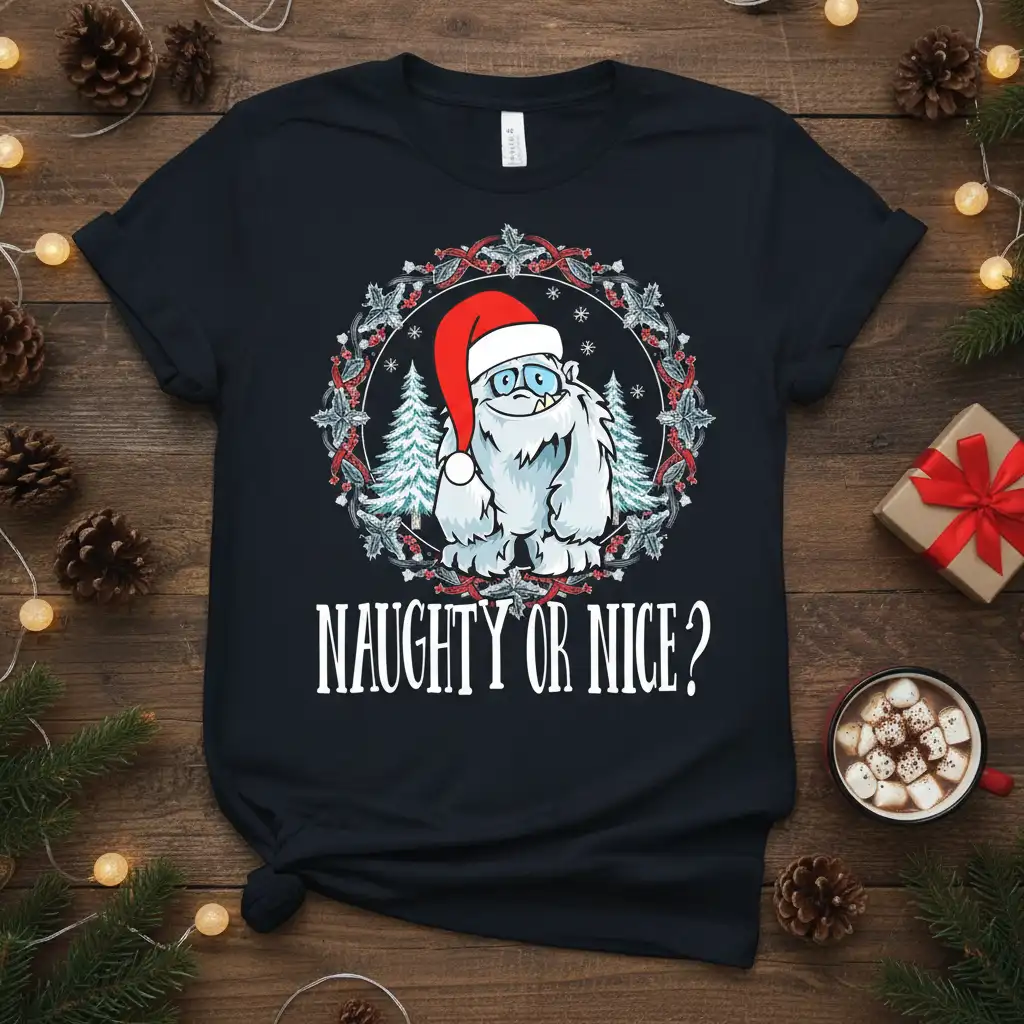 Naughty Or Nice? Christmas yeti graphic with Santa hat and festive wreath for holiday apparel