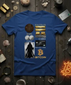 Nautilus Bars Coins Card Man-with-Spear Bitcoin bold graphic design printed on comfortable cotton t-shirt