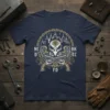 NC DBK CC FD Steampunk Skull T-Shirt design featuring a skull with wings, crossed revolvers, and city skyline in a