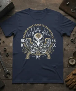 NC DBK CC FD Steampunk Skull T-Shirt design featuring a skull with wings, crossed revolvers, and city skyline in a
