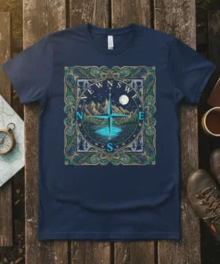 NE W N S WE compass design with mountains, lake, and moon on a navy blue t-shirt