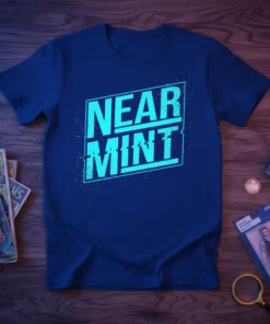 Blue t-shirt with "NEAR MINT" in distressed cyan block letters inside a rectangle, for comic collectors