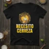 Black t-shirt with "NECESITO CERVEZA" in yellow text and a graphic of beer being poured from a tap into a