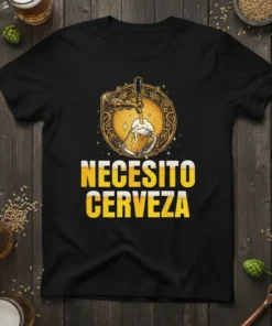 Black t-shirt with "NECESITO CERVEZA" in yellow text and a graphic of beer being poured from a tap into a
