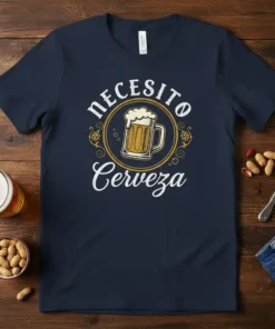 Necesito Cerveza Spanish phrase t-shirt with a vintage beer mug graphic and decorative elements