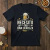 Spanish "Necesito una cerveza" quote t-shirt with a beer mug graphic, hops, and wheat accents