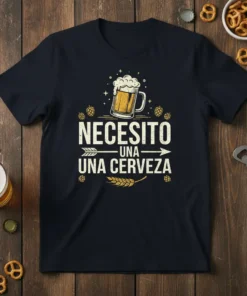 Spanish "Necesito una cerveza" quote t-shirt with a beer mug graphic, hops, and wheat accents