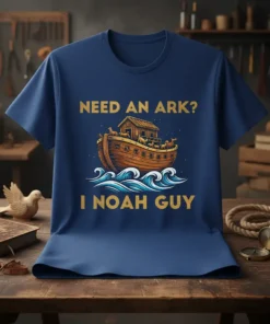 Navy blue t-shirt with gold text "Need an Ark? I Noah Guy" featuring a graphic of Noah's Ark on waves