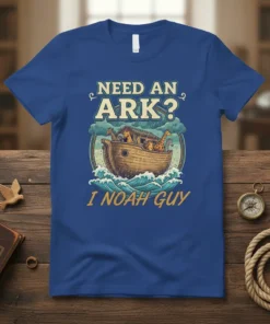 Need An Ark? I Noah Guy t-shirt design featuring Noah's ark with animals in stormy seas and playful typography