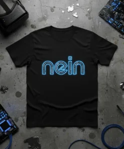 Black t-shirt with the German word "nein" in glowing blue neon-style letters, available in various sizes and colors