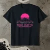 Neo Tokyo Mountainscape t-shirt design with neon pink text, mountains, and city skyline under a bright sun