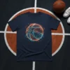 Neon basketball design t-shirt featuring glowing orange and blue lines on a dark fabric, perfect for basketball fans