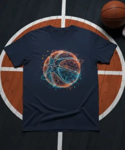 Neon basketball design t-shirt featuring glowing orange and blue lines on a dark fabric, perfect for basketball fans