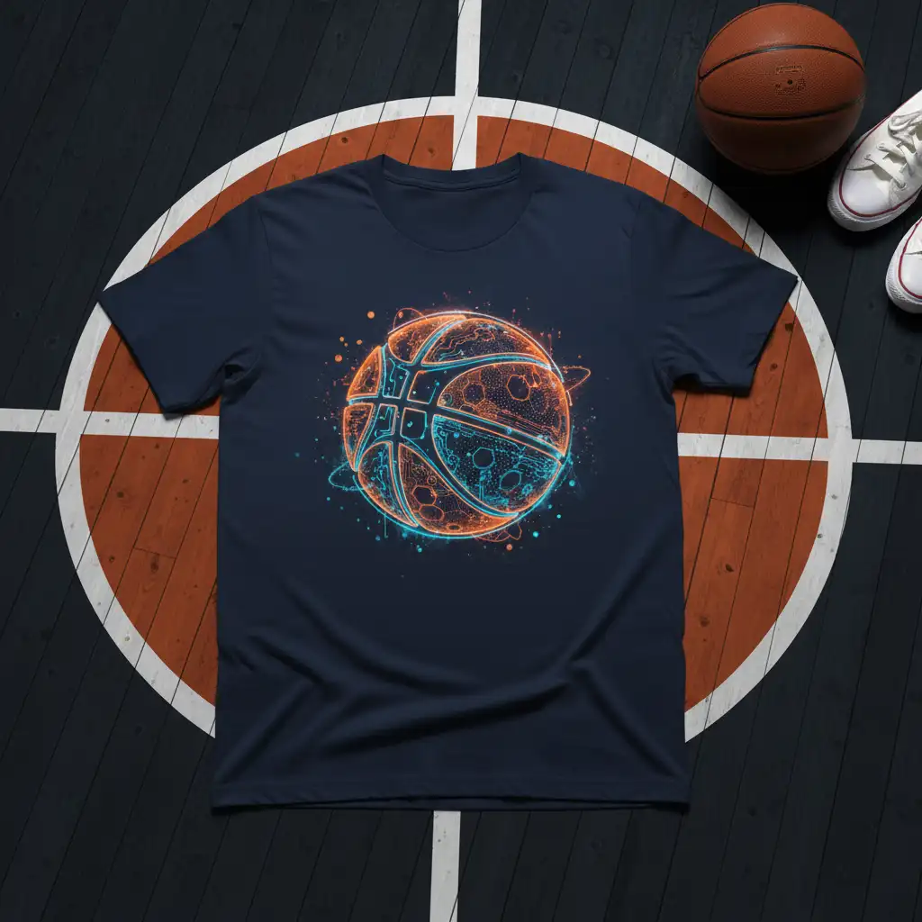 Striking neon basketball design with glowing orange and blue lines on a dark t-shirt, ideal for sports fans
