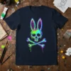 Neon Bunny Skull Crossbones T-Shirt design with dripping neon paint effect, dark gothic style