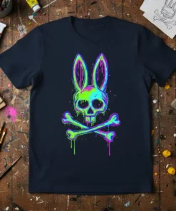 Neon Bunny Skull Crossbones T-Shirt design with dripping neon paint effect, dark gothic style