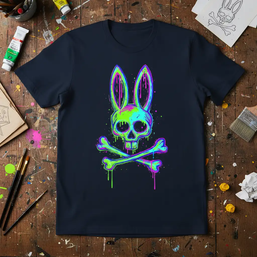 Neon Bunny Skull Crossbones design with dripping neon paint effect on a navy t-shirt