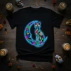 Neon Cat Moon T-Shirt design featuring a skeleton cat with colorful floral patterns on a crescent moon