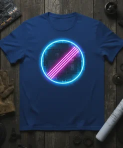 Blue t-shirt featuring a glowing Neon Circuit Board Design with pink stripes inside a cyan circle
