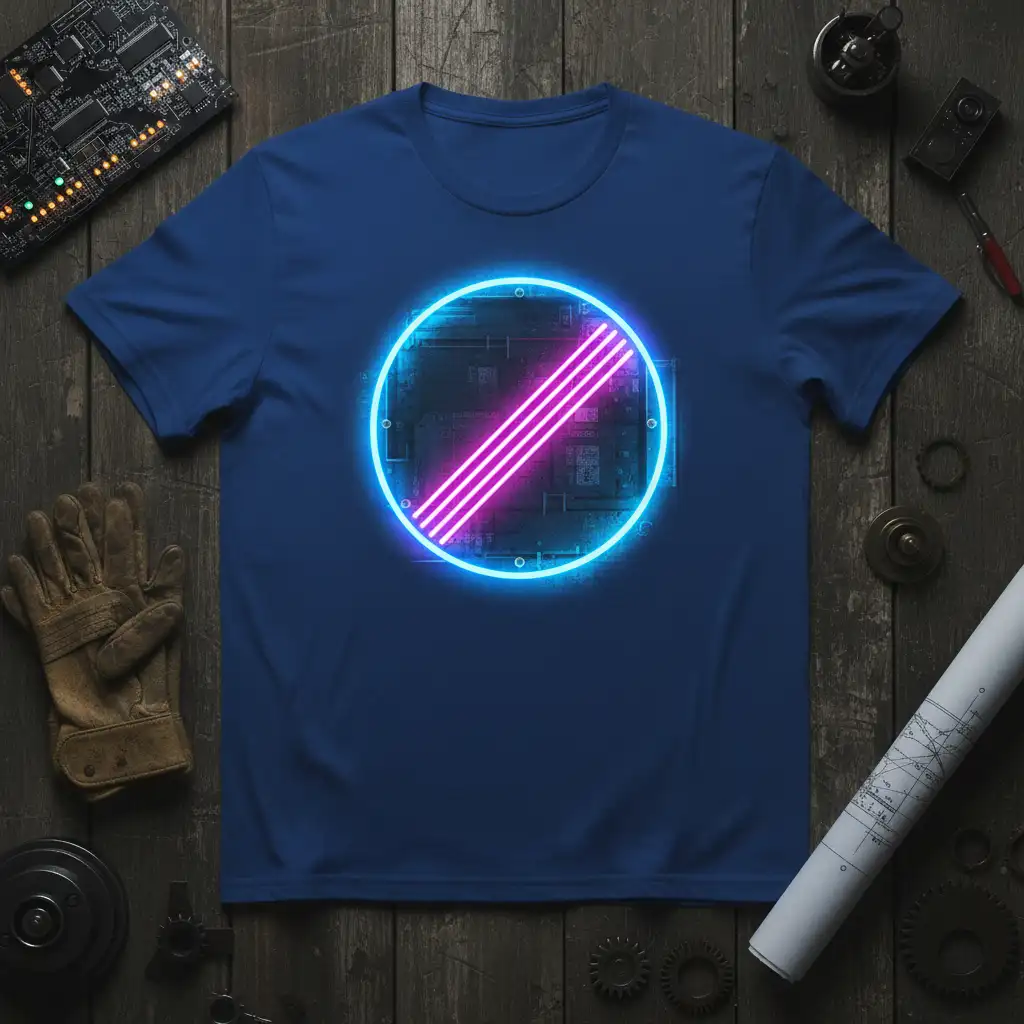 Vibrant neon circle with pink stripes on a circuit board pattern t-shirt, Neon Circuit Board Design