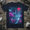 Neon cyberpunk cityscape t-shirt with glowing pink cherry blossoms, futuristic buildings, and a red sun