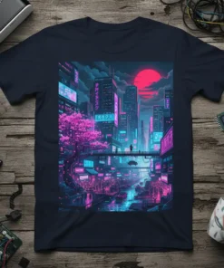 Neon cyberpunk cityscape t-shirt with glowing pink cherry blossoms, futuristic buildings, and a red sun
