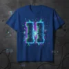 Neon H letter graphic t-shirt with glitch effect and cyberpunk aesthetic, blue shirt