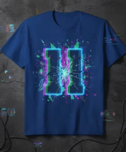 Neon H letter graphic t-shirt with glitch effect and cyberpunk aesthetic, blue shirt
