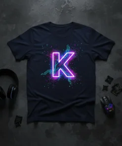 Neon Letter K design with glowing purple and teal circuits on a dark t-shirt