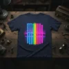 Neon Rainbow Flag T-Shirt with a retro 80s aesthetic, featuring a neon glow grid design