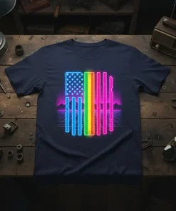 Neon Rainbow Flag T-Shirt with a retro 80s aesthetic, featuring a neon glow grid design