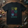 Neon Tooth Expressions T-Shirt with colorful outline teeth showing various emotions and gear fillings