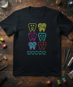 Neon Tooth Expressions T-Shirt with colorful outline teeth showing various emotions and gear fillings