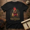 Nerd Chicken T-Shirt featuring a rooster wearing glasses and holding books, framed by an ornate design